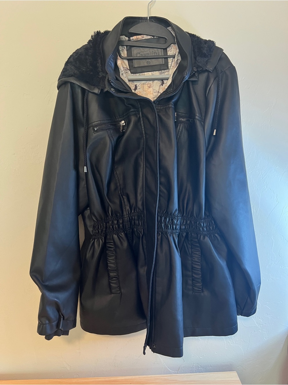 Cavalini Black Faux-Leather Hooded Jacket with Fur Trim
